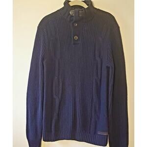 Ted Baker Mens Navy Blue Heavy Cable Knit Sweater Size 2 / Small Button Neck